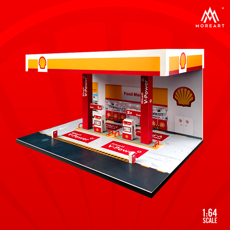 Static model car refueling at a Shell station