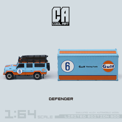 Blue body of the Land Rover Defender Gulf Oil