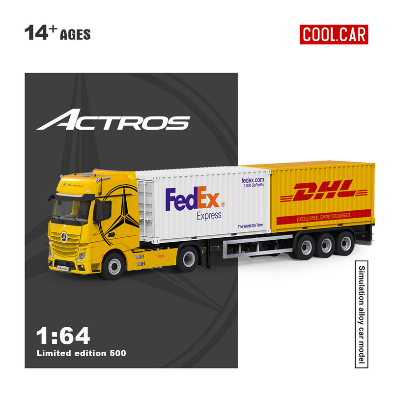 [IN-STOCK] COOL CAR 1:64 Mercedes-Benz Actros freight container truck - yellow CC646739