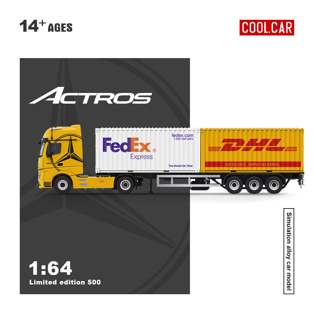 Yellow Mercedes-Benz Actros container truck, 1:64 scale
