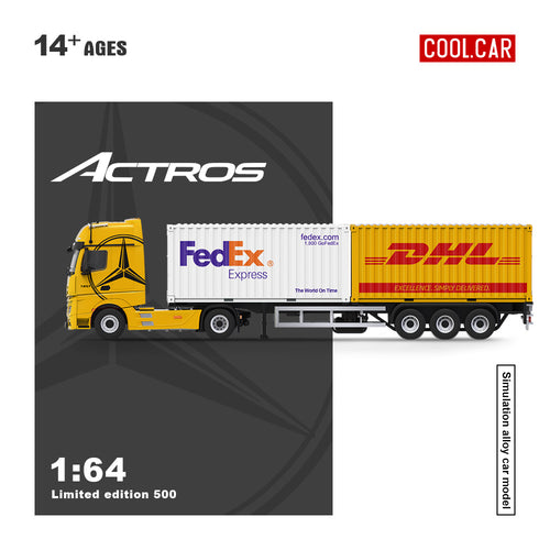 Yellow Mercedes-Benz Actros container truck, 1:64 scale