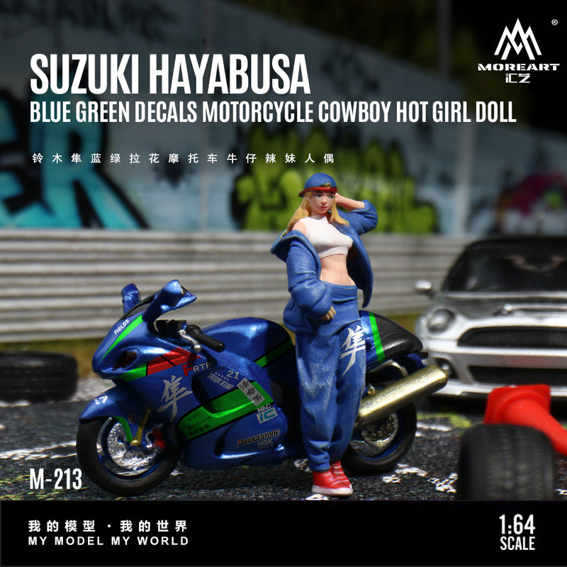 [RELEASED] MOREART 1:64 Suzuki Hayabusa Blue-Green Decal Motorcycle Cowboy Hot Girl Figure MO222213